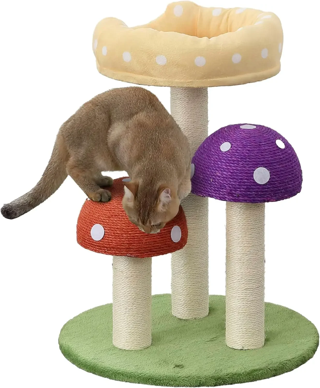 

22.5" 3-Tier Cottage Sisal Mushroom Cat Tree With Scratching Posts, Napping Perch, And Dangling Bell Toy, Multi|