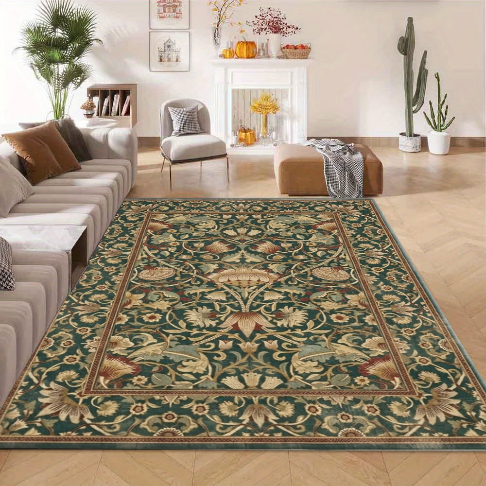 Vintage Oriental Floral Border Carpet Retro Green Plant Pattern Floor Rug Suitable for Living Room Bedroom Home Decoration