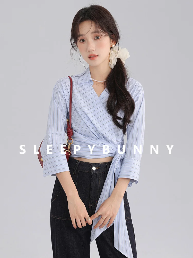 Stylish Wrap Front Tied Collar Striped Blouse Slim Fit Mid-Sleeve Shirt Perfect for Petite Women Trendy Flattering Design Top