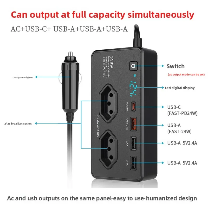 Inverter Plug-in Car Inverter Fast Charging Pd Port with Display 350W Car Inverter Inversor 12 V 220 V Ac Car Power Inverter
