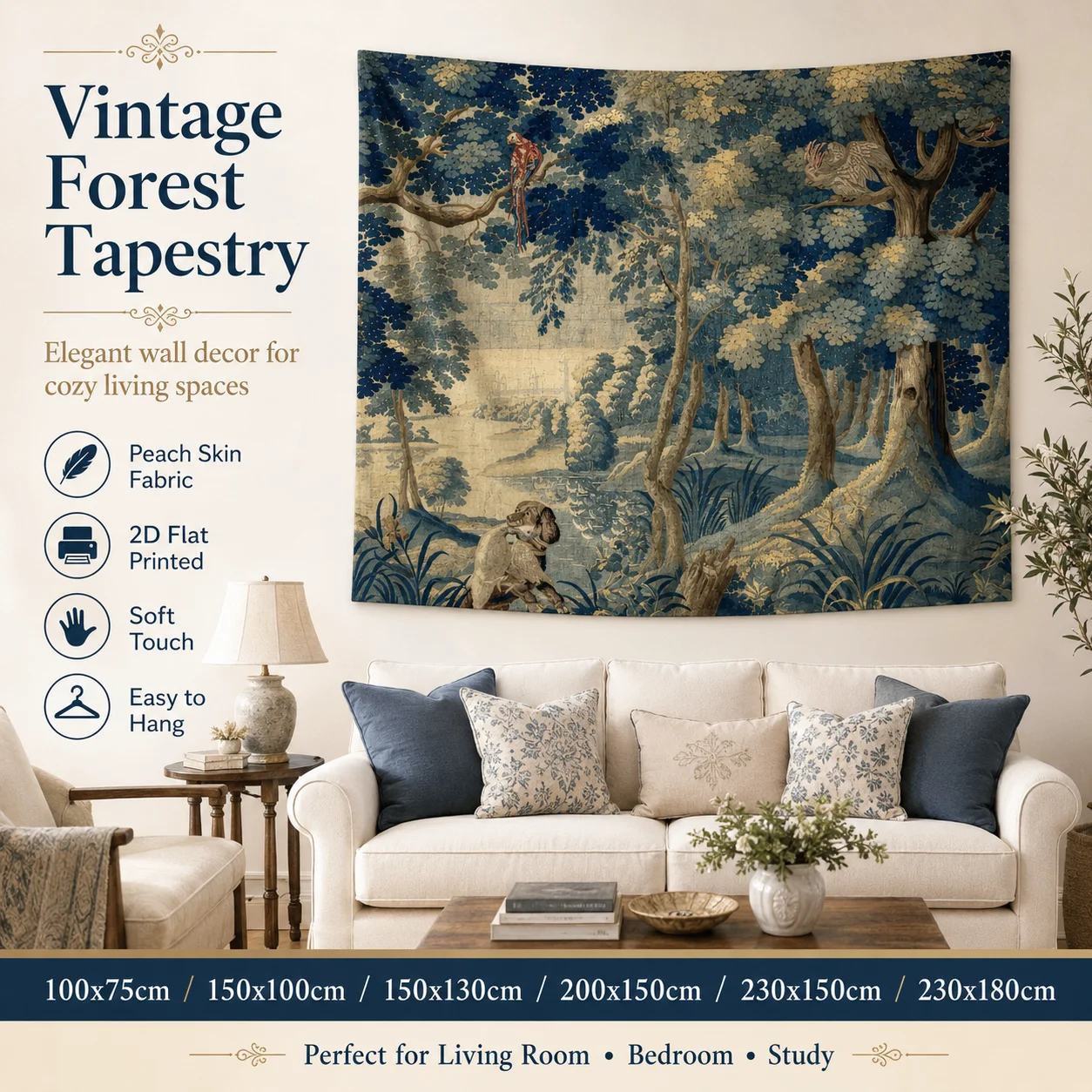 

Vintage Blue Forest Tapestry 2D Flat Printed Peach Skin Wall Hanging Classic Woods Landscape Backdrop for Living Room Decor