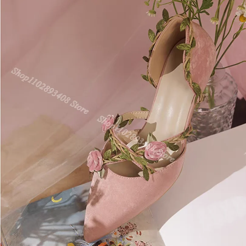 Pink Flock Flower Decor Pumps Pointed Toe Shallow Spring Low Heels Elegant Fashion Party Women Shoes 2024 Zapatos Para Mujere