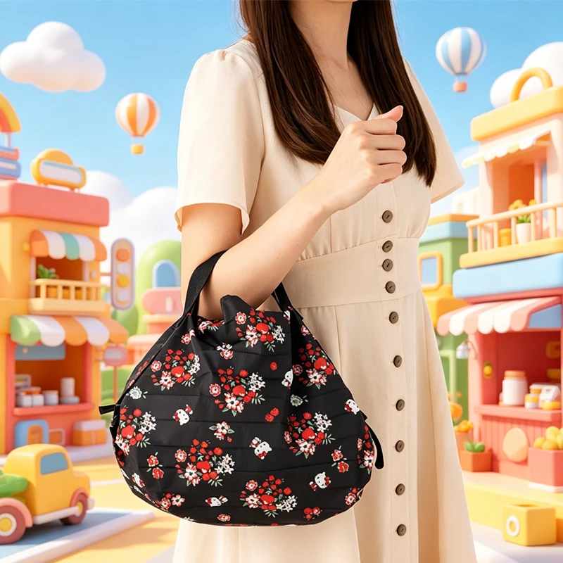 

Portable Hellokittys Cosmetic Bag Black Background Fold Bags for Woman Printing Shopping Storage Bag Kawaii Cartoon
