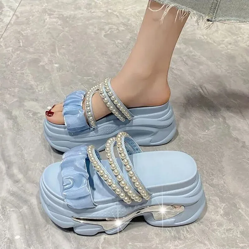 Zomer Platform Bling Sandalen Vrouwen Ademende Wiggen Hoge Hakken Dames String Kraal Strand Slippers Dikke Schoenen Sandalias Mujer