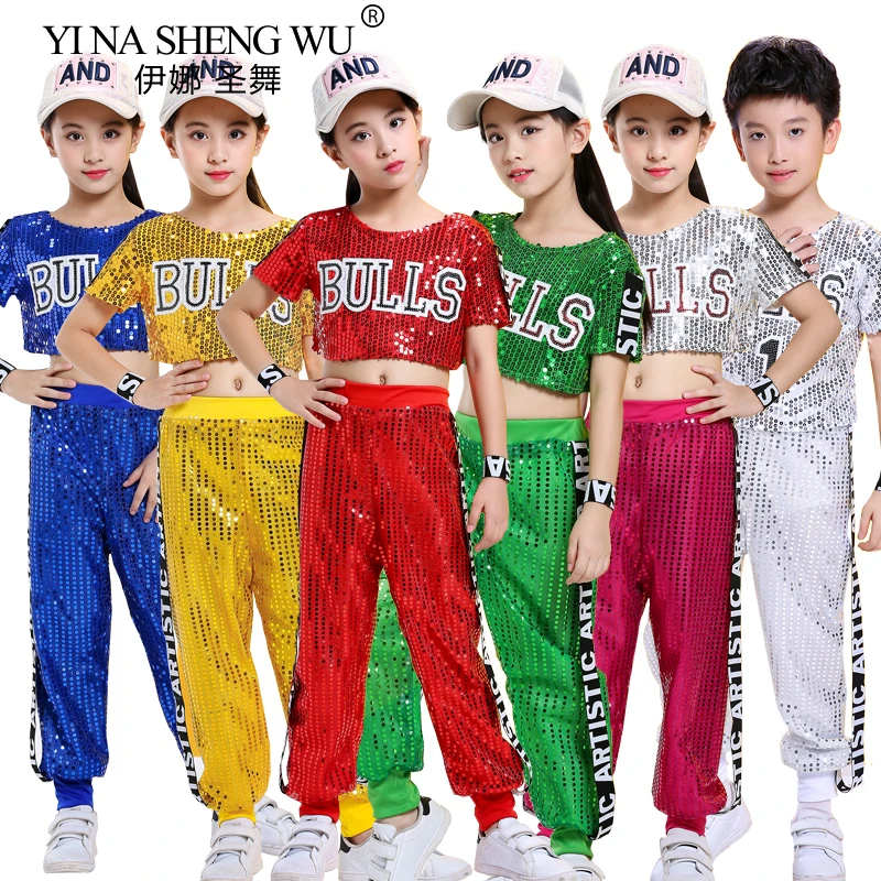 

Jazz Sequins Dance Costume Children Hip Hop School Team Activities Performance Tshirt Pants Set Girls Trendy Crop Top&Pants Set
