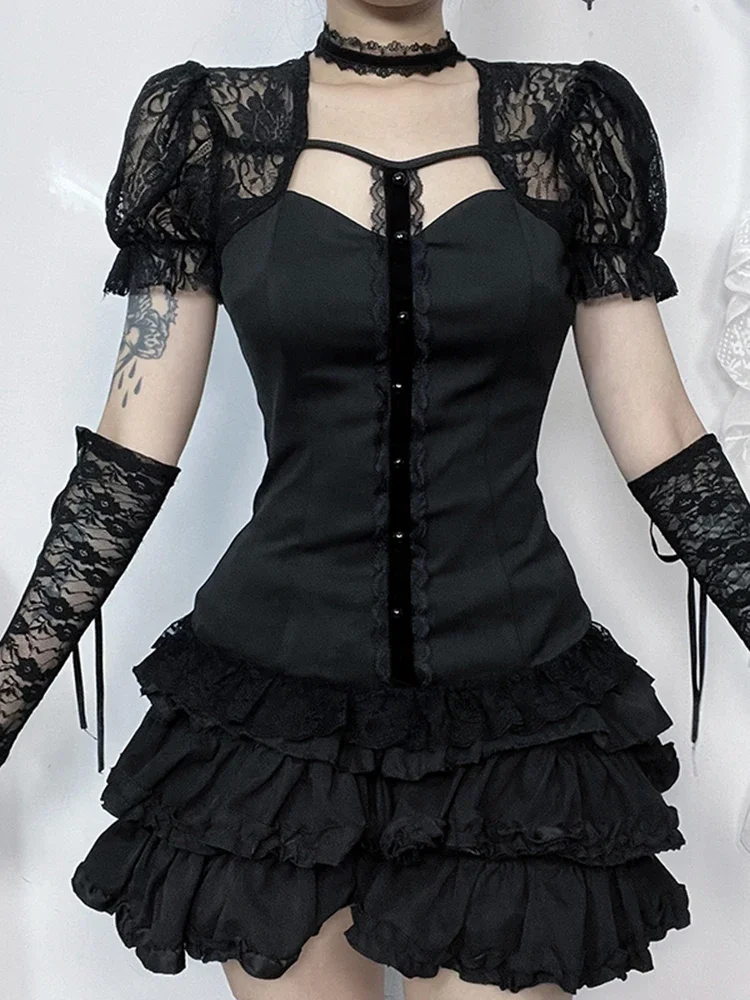 Black Vintage Dark Gothic Lolita T-shirt Women Coquette Elegant Puff Sleeve Square Collar Lace Patchwork Crop Tee Tops Cosplay