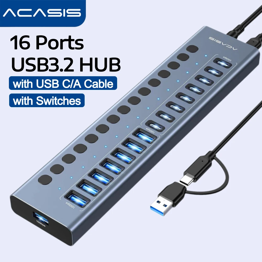 ACASIS 16 Ports USB 3.2 Hub 10Gbps with 8 USB-A 3.2 8 USB-C 3.2 Ports Aluminum USB Hub Powered with 96W Power Adapter for Pc