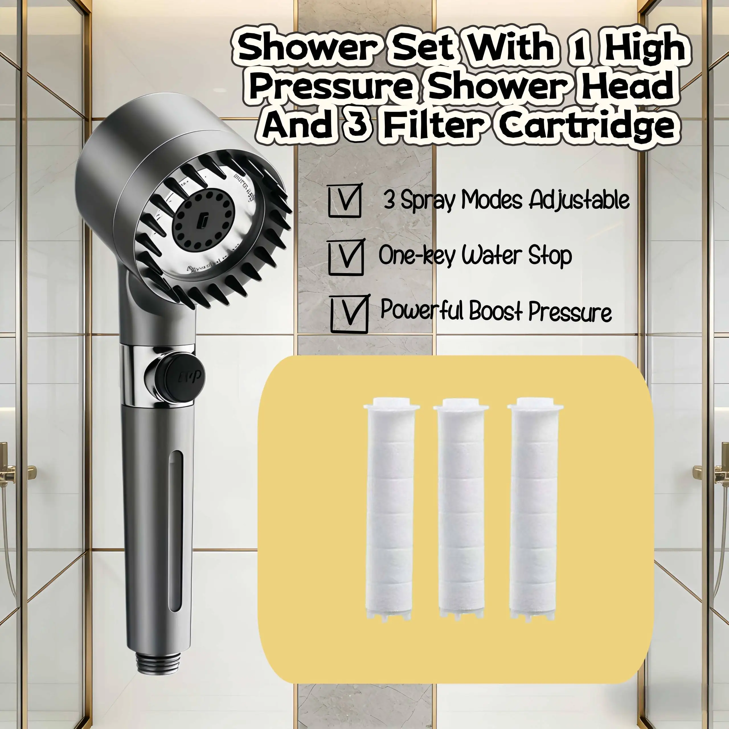 

Серый комплект душевой лейки высокого давления с экономией воды, 3 режима, регулируемая подача воды одной кнопкой, фильтр для жесткой воды с 3 фильтрами