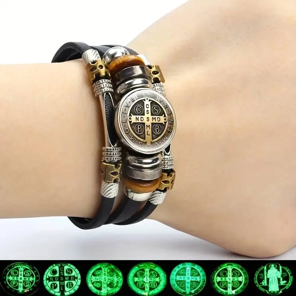 Saint Benedict Medal Leather Bracelet Catholic San Benito Glass Dome Snap Buttons Bangles Men Women Jewelry Accessories