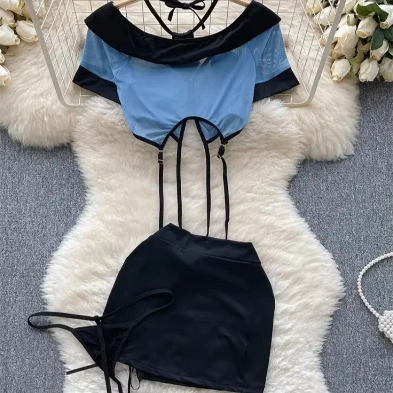Tornova Preppy สไตล์ชุดเซ็กซี่ชุดผู้หญิง 2024 V คอ SHEER TOP + Lace Up กระโปรงมินิ + Thongs Hollow OUT คอสเพลย์โป๊ชุด