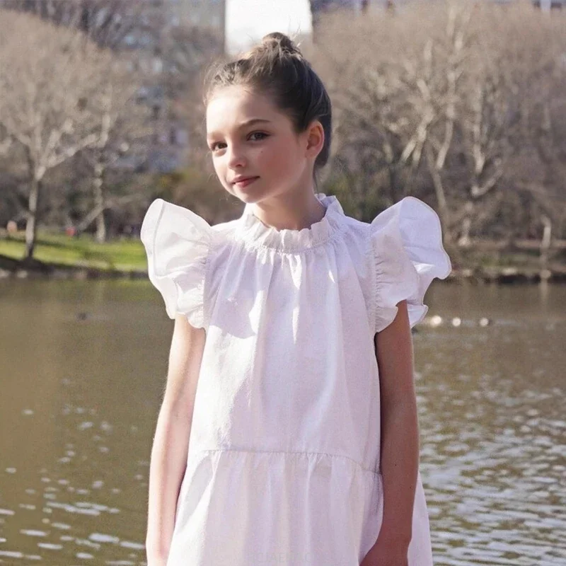 

2025 New Girls Party Outfit Kids Birthday Fashion Summer Solid Color Dress Korean Style Flutter Sleeve Princess Gown Elegant