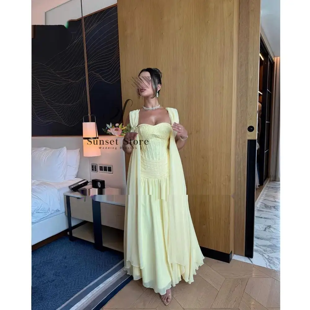 Gaun Malam Sifon Kuning Kustom 2025 Gaun Prom Sayang Renda Lengan Pendek Gaun Pesta Formal A-Line