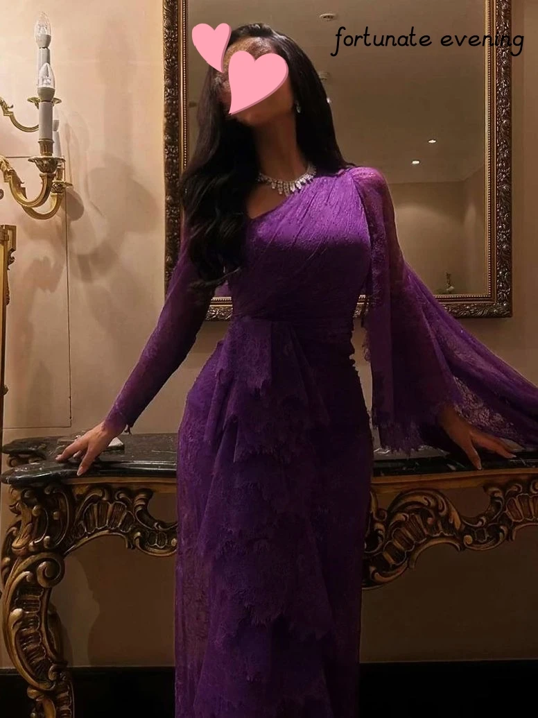 Fortunate Evening Elegant Vintage Sexy Purple Lace One Shoulder Customized Formal Occasion Prom Dress Evening Party Gowns