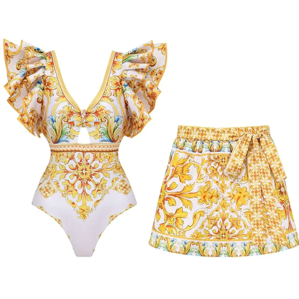 FLAXMAKER Ruffle V Neck  Golden Majolica Print One Piece Swimsuit and Shorts Women Beachwear Luxury Bathing Suit