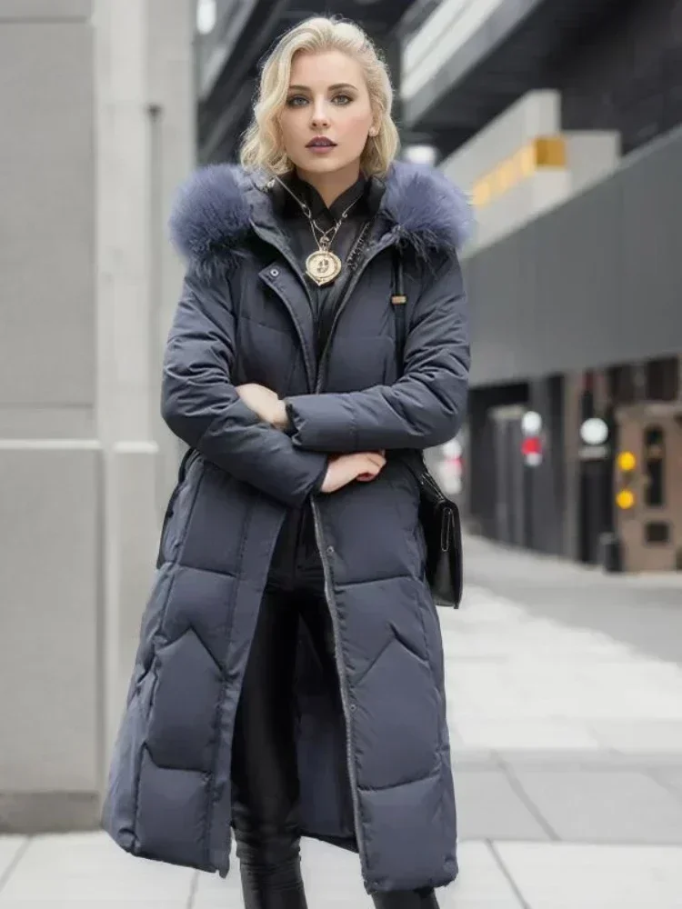 Parka de algodão grosso com gola de pele feminina, casaco de inverno de comprimento médio, casaco fino acima do joelho, roupas elegantes, vermelho,