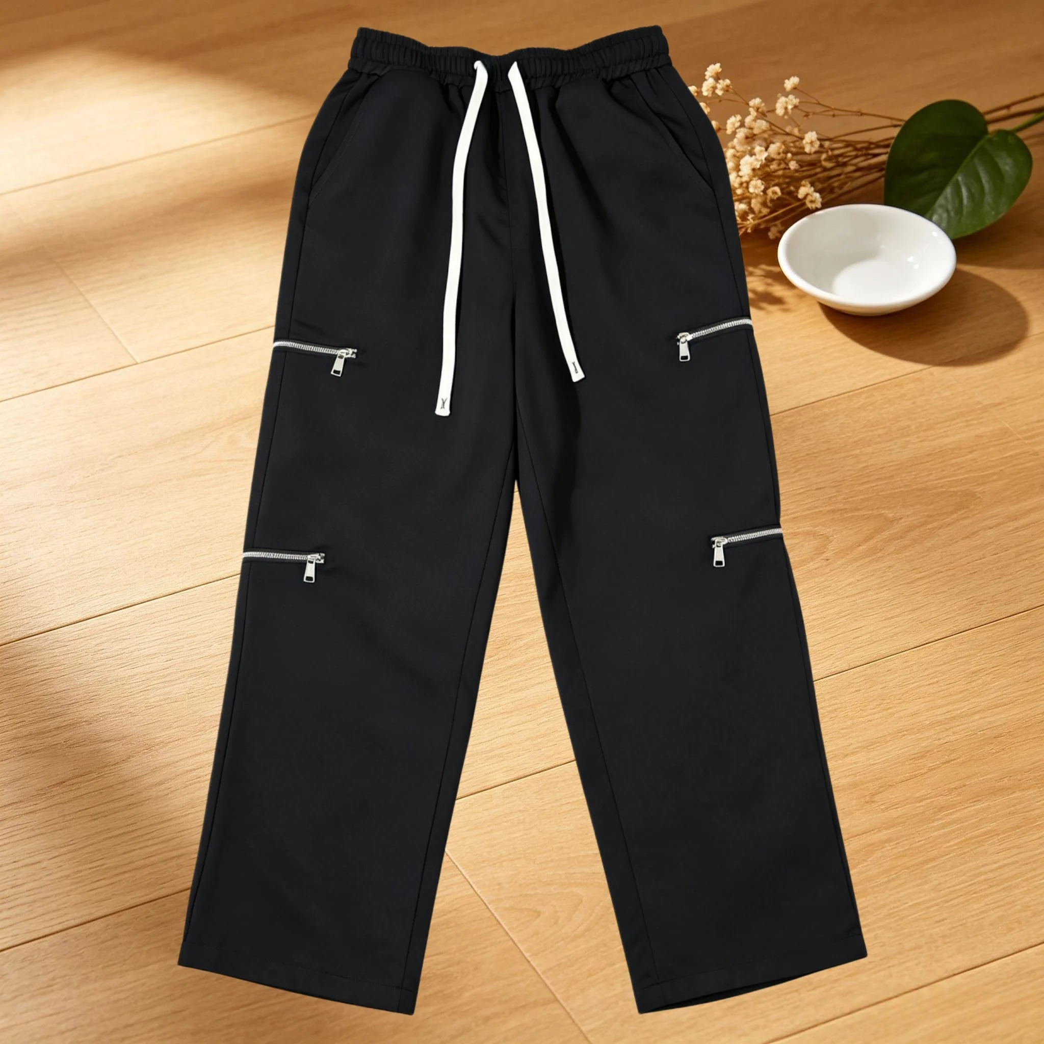 Men Wide‑Leg Cargo Pants Multi Metal Zipper Pockets Elastic Waist White Drawstring Straight Loose‑Fit Streetwear Male Trousers