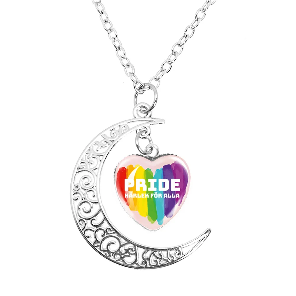 Gay Pride Rainbow Flag Peach Heart Moon Necklace Lesbian LGBT Pride Bright Color Glass Cabochon High Quality Chaveiro Gay Gift