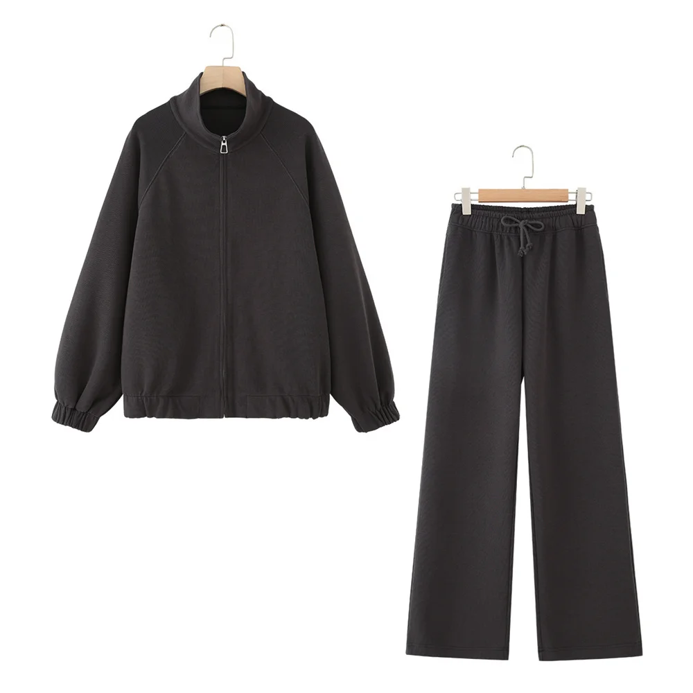 New autumn and winter women's clothing simple fashionable soft zipper sweatshirt high waisted straight leg pants