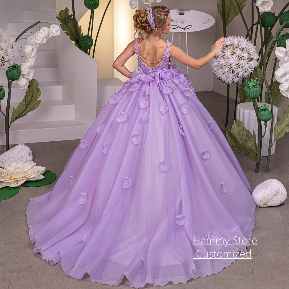 Flower Girl Dress Customized V Neck Sleeveless Sequined handmade 3D Flowers Ball Gown Sweep Train Girls Birthday Party Dresses