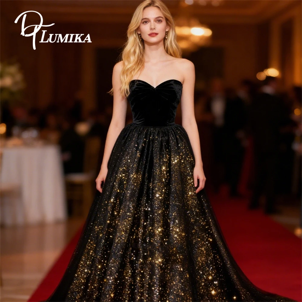 

DTLumika Elegant Velvet Black Formal Dress for Women, Gold Glitter Singer Stage Performance Maxi Dress, Customized Sweet 16 Dres
