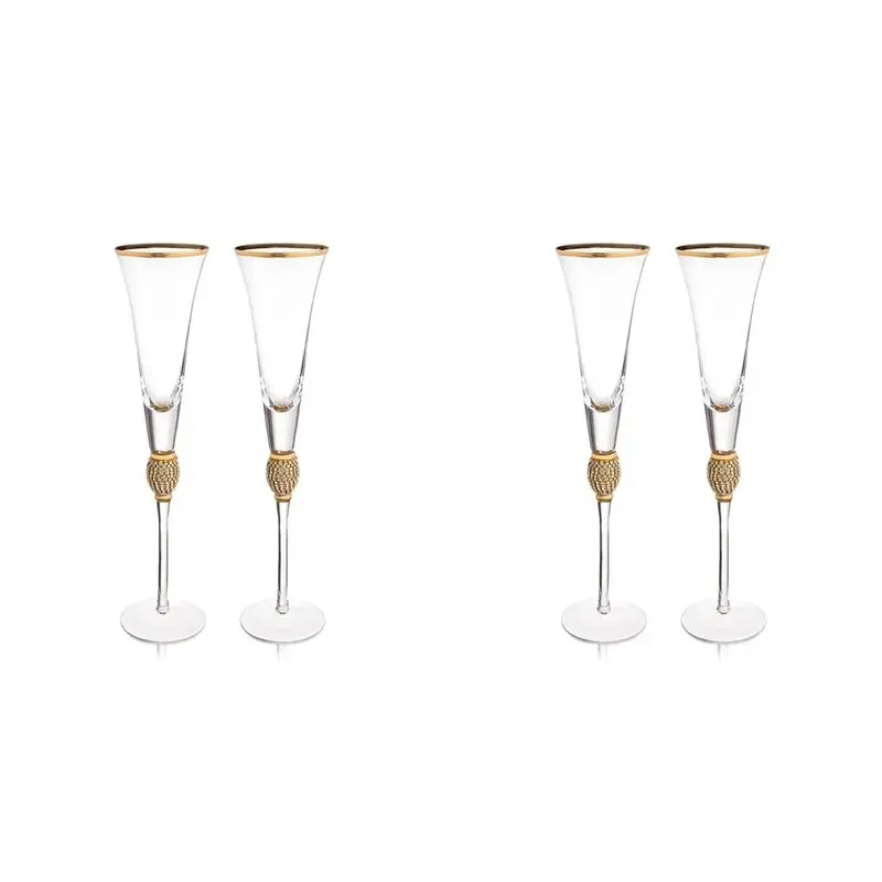 ABGH-4Pcs Crystal Gold Rimmed Wine Glasses Set Elegant Diamond Decorative Long Stem Champagne Flutes Cocktail Glass Gifts B