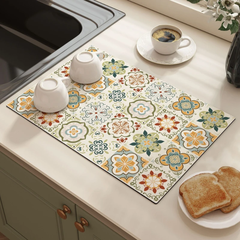 VIKAMA Kitchen Drain Mat Vintage Floral Tile Pattern Square Non Slip Absorbent Washable Durable Easy Clean Quick Dry Waterproof