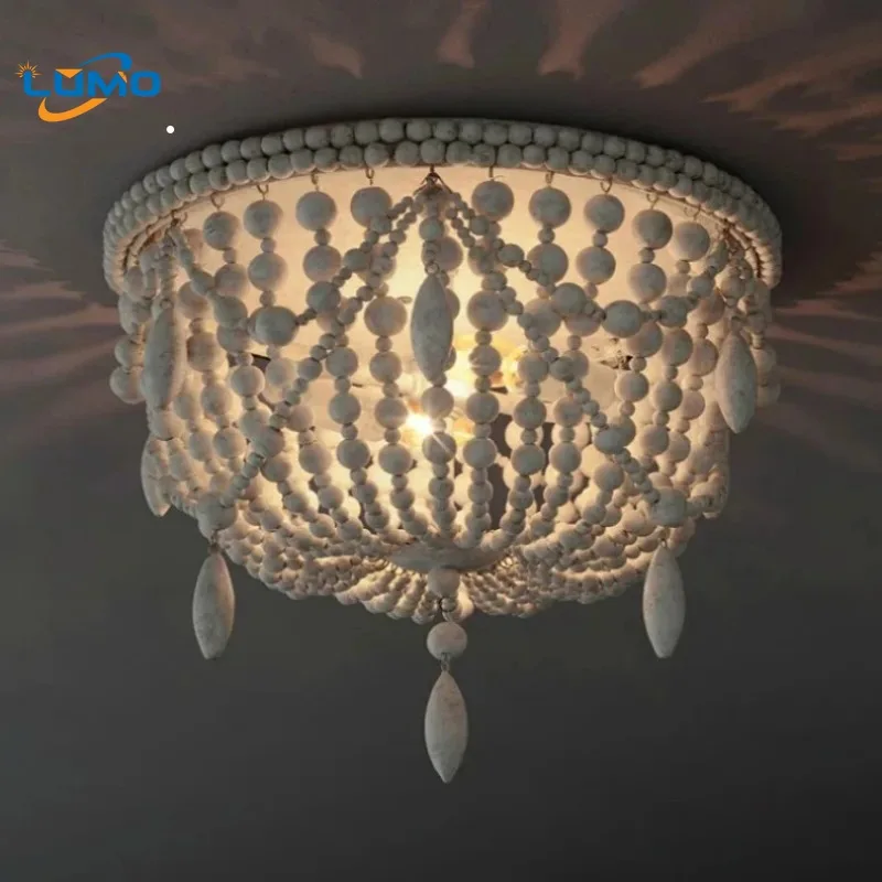 Bohemian White Wood Bead Rotundity Ceiling Lights LED E27 Retro Atmosphere Hanging Lamps Living Room Restaurant Kitchen Bedroom