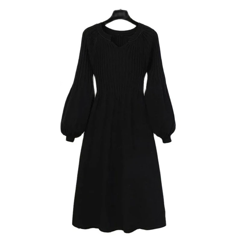 Autumn Winter Mid-Long Sweater Dress Women 2024New Loose Pure Colour Pullover Dresses Fashion Balloon Sleeve Knitwear Top Female