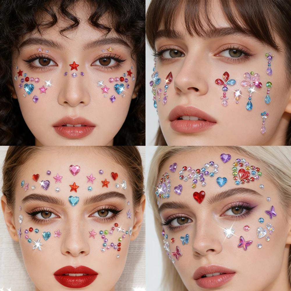 6 Stück/Set 5D gemischte bunte Diamant-Gesichtsstein-Aufkleber, glitzernde Sterne/Herzen/Blumen/Tropfen-Design-Strass für Augen/Gesichtsaufkleber – Detail 7
