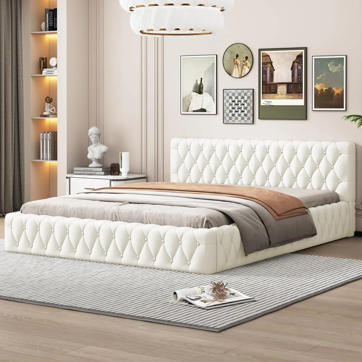 Velvet Upholstered Queen Size Bed with Diamond Grid Headboard Easy Assembly Premium Material Two Color Options Superior