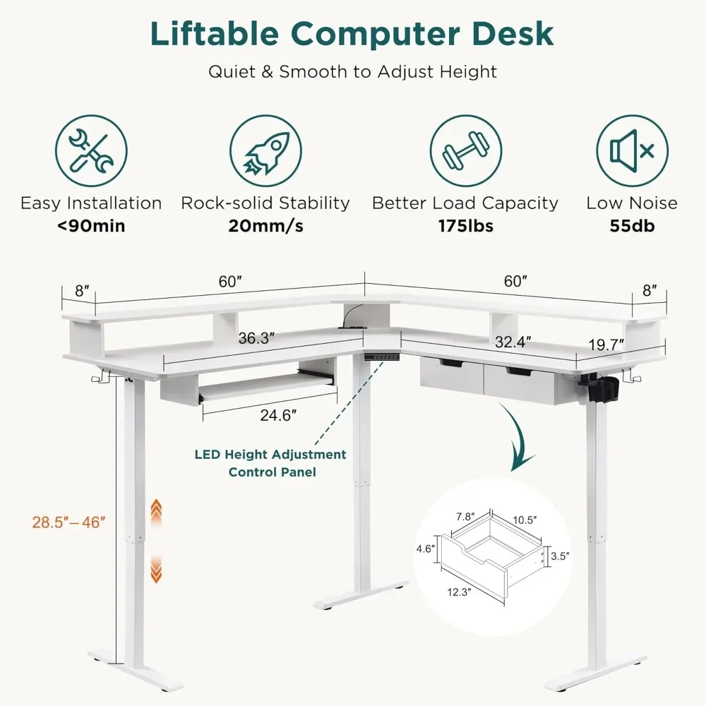 60 Inch L-Shaped Electric Standing Desk with Keyboard Tray And Drawers Height Adjustable Corner Gaming Desk for Home Office