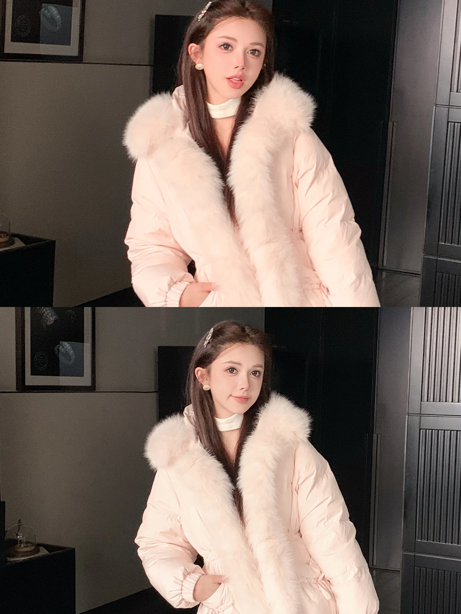 

LADIESFIRST Fur Collar Du down Winter Jaet Mid-Length Knee-Covering Coat Warm Casual Sle Thiened Outerwear