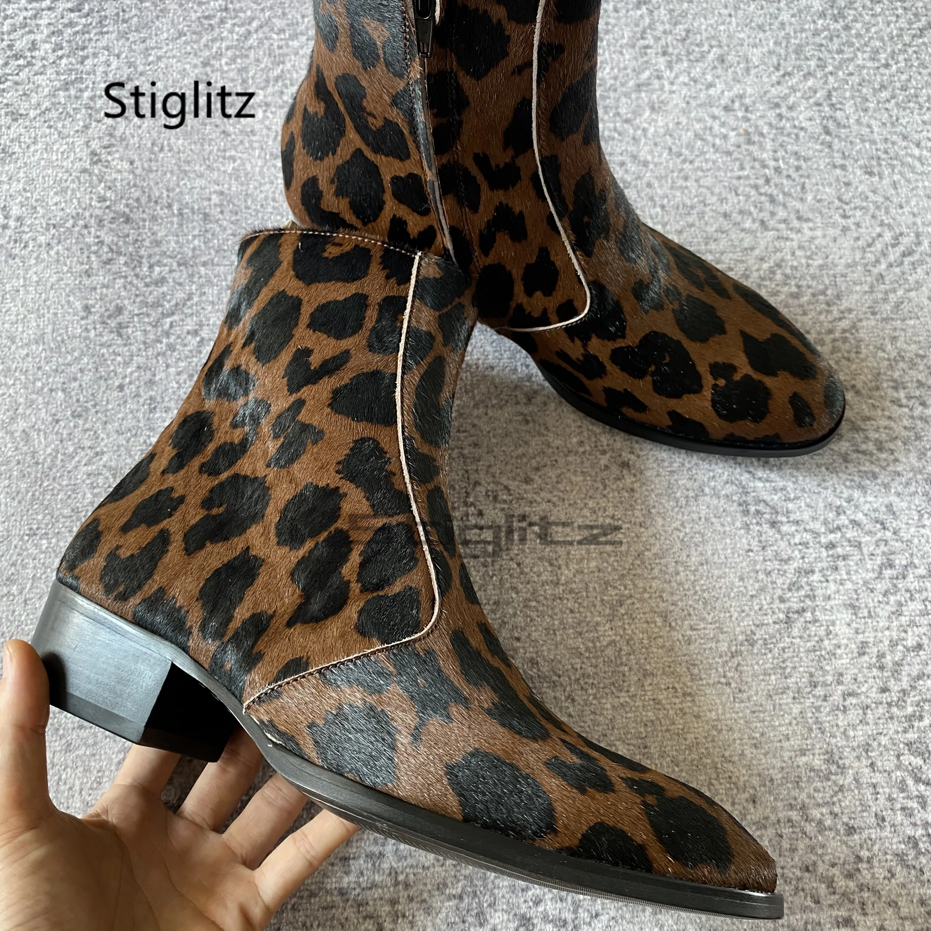 Leopard-Print Horsehair Men's Boots Pointed Toe Zipper Ankle Chelsea Boots Med Heel Runway Party Catwalk Shoes Autumn Winter New