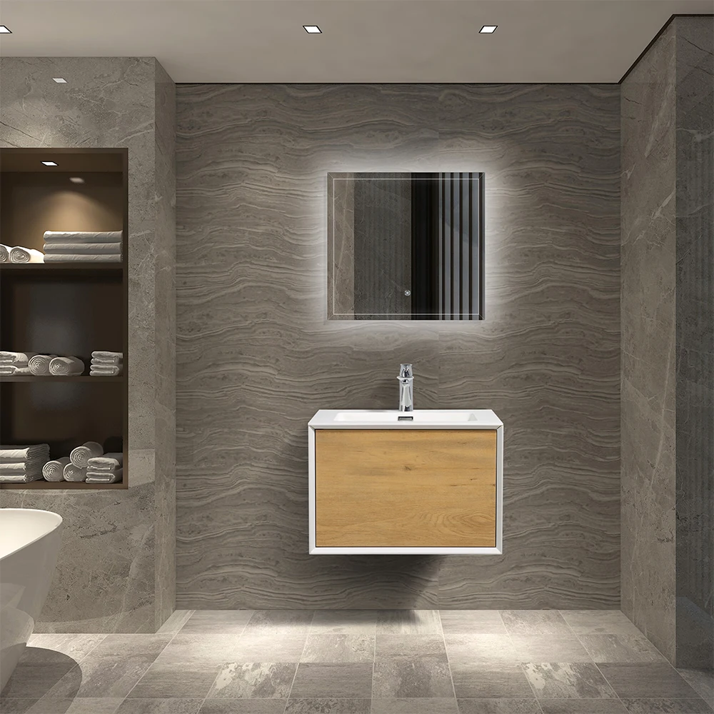 24 Inch Single Sink Bathroom Vanity Wall Mounted Wood Cabinet with Drawer White Resin Top Compact Powder Room Vanity Set