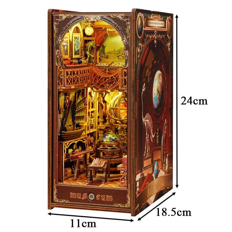 DIY Wooden Century Museum Book Nook Shelf Insert Kit Miniature Model Kits Bookshelf With Light Bookend for Friends Birthday Gift