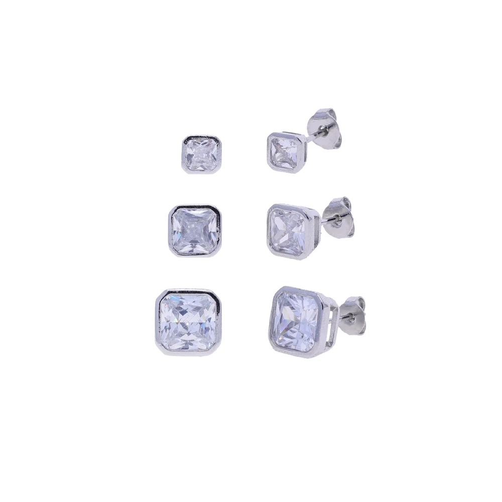 Fashion Women Stud Earrings 3 Different Sizes Geometric Square 5A Bezel Cubic Zirconia CZ Set of 6 PCS