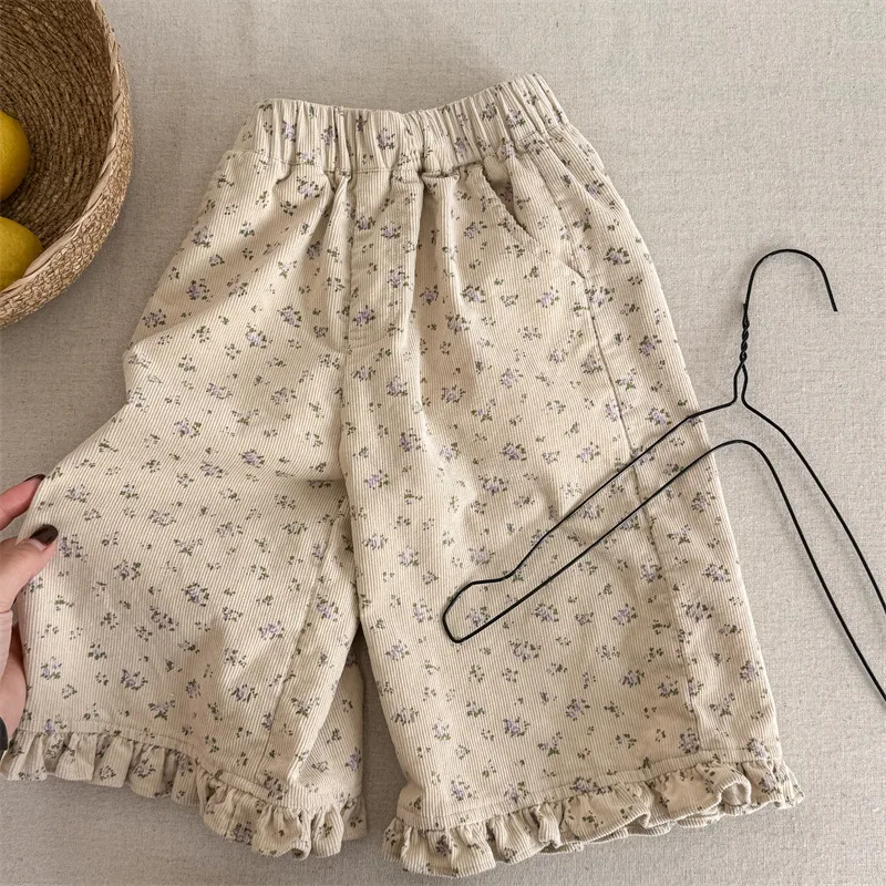 2026 New Spring Baby Girls Wide Leg Pants Floral Printed Korean Style Corduroy Ruffles Toddlers Kids Casual Trousers