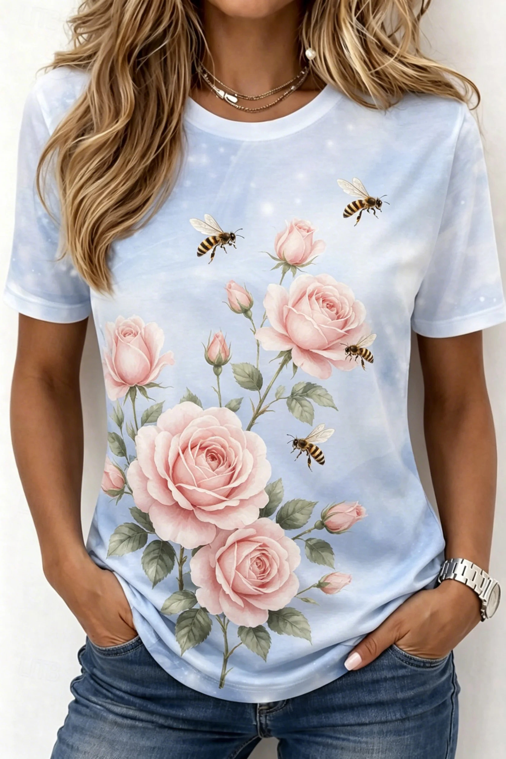 Women's Pink Rose & Bee Print Crew Neck T-Shirt, Casual Short Sleeve Tops, Fresh Floral Daily Wear for Spring & Summer