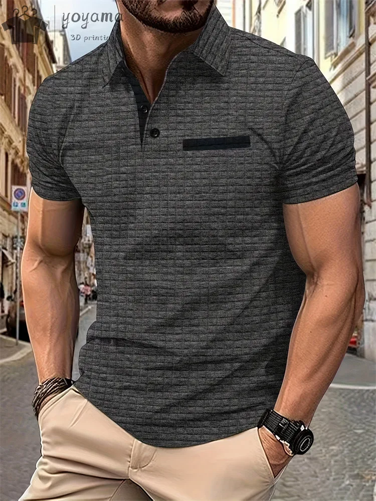 2024 Summer Fashion Men's Polo Shirt Lapel Button-Up Jacquard Plaid Men's Sportcasual Breathable Polo Shirt Short Sleeve Tees