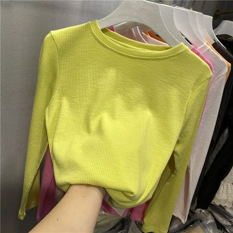 Neck Bright Color Inner Long Sleeve T-shirt Top Women Spring Wear New Korean Internet Famous Versatile Base Shirt Ins Trend