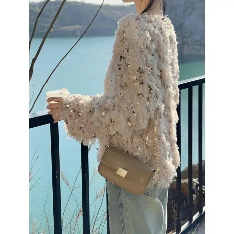 Korean Chic Sequin Tassel Sweaters Mujer 2024 Autumn New O-neck Plush Knitted Pullover Y2k E-Girl Long Sleeve Tops Women