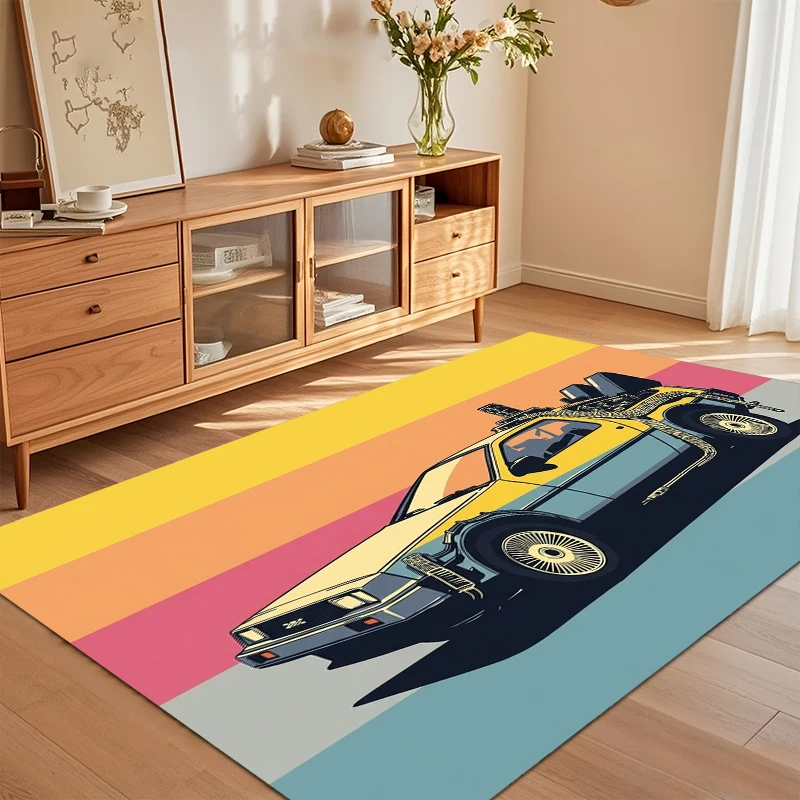 Retro DeLorean Rainbow Stripe Area Rug for Living Room Bedroom Nostalgic Home Decor Soft Non Slip Washable Floor Mat