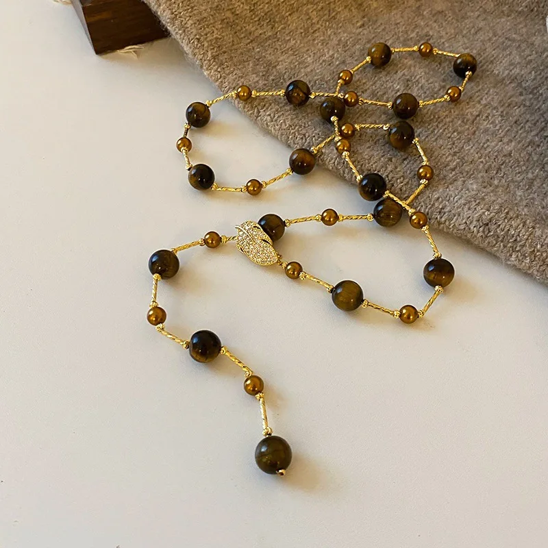 

Новинка 25, длинная цепочка для свитера с бисером в стиле ретро Майярда, тигровый глаз, высококачественные осенние и зимние аксессуары, ожерелье