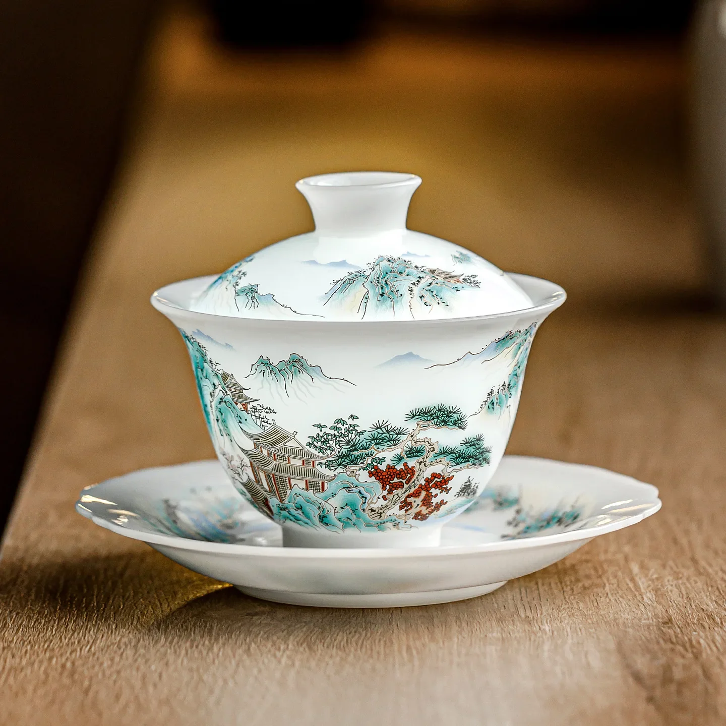 Jade Porcelain Sancai Gaiwan Bowl Landscape Pavilion Tea Maker Colorful Luxury Gift Cups High-looking Tea Bowl Kung Fu Tea Set