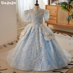 Blue High Collar Puff Sleeve Dresses For Girls Exquisite Glitter Sequins Beads Princess Gown Piano Performance Birthday Party