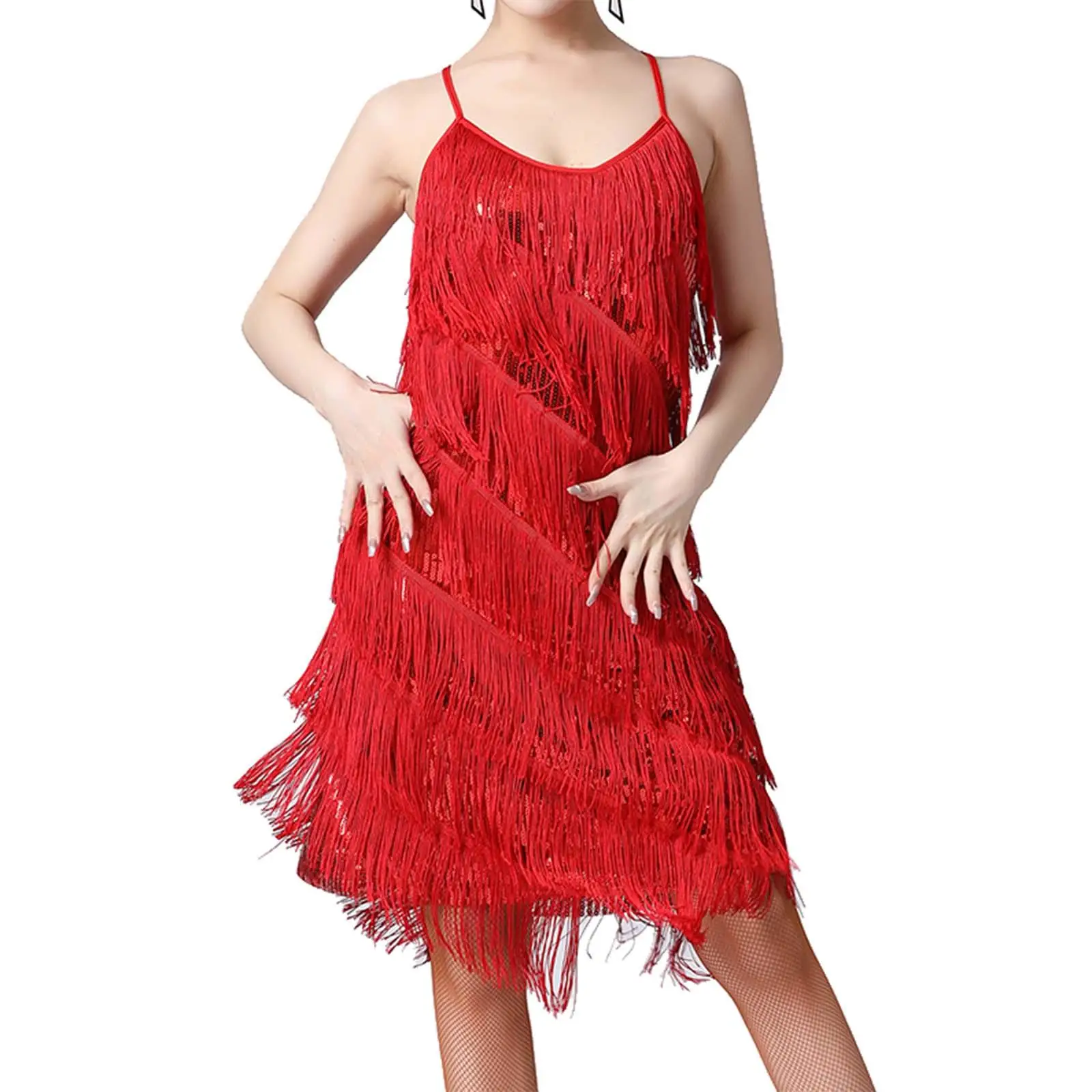 Sparkly Fringe Dress for Women Sequin Tassel Dancewear V Neck Sleeveless Slip Dress for Party Wedding Evening Cocktail