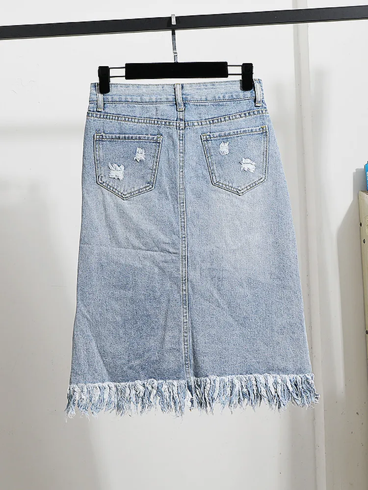 Summer Women's Denim Skirt Fashion Embroidery Ripped Jeans Skirt Woman Tassels Floral Elegant Slim Casual Calf Skirts Female