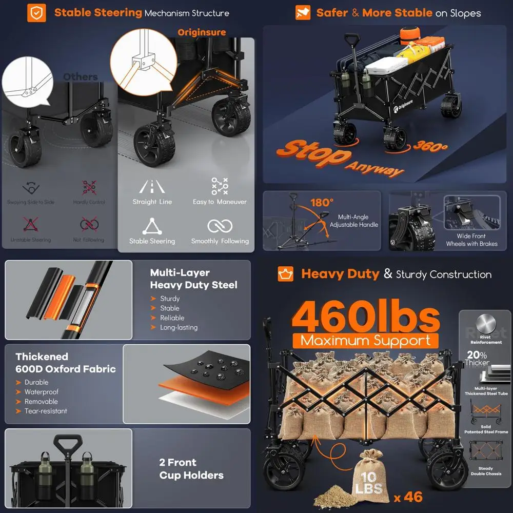 Collapsible Wagon with 460lbs Capacity, 220L, All-Terrain Wheels, Utility Cart for Beach, Groceries, Camping, Sports