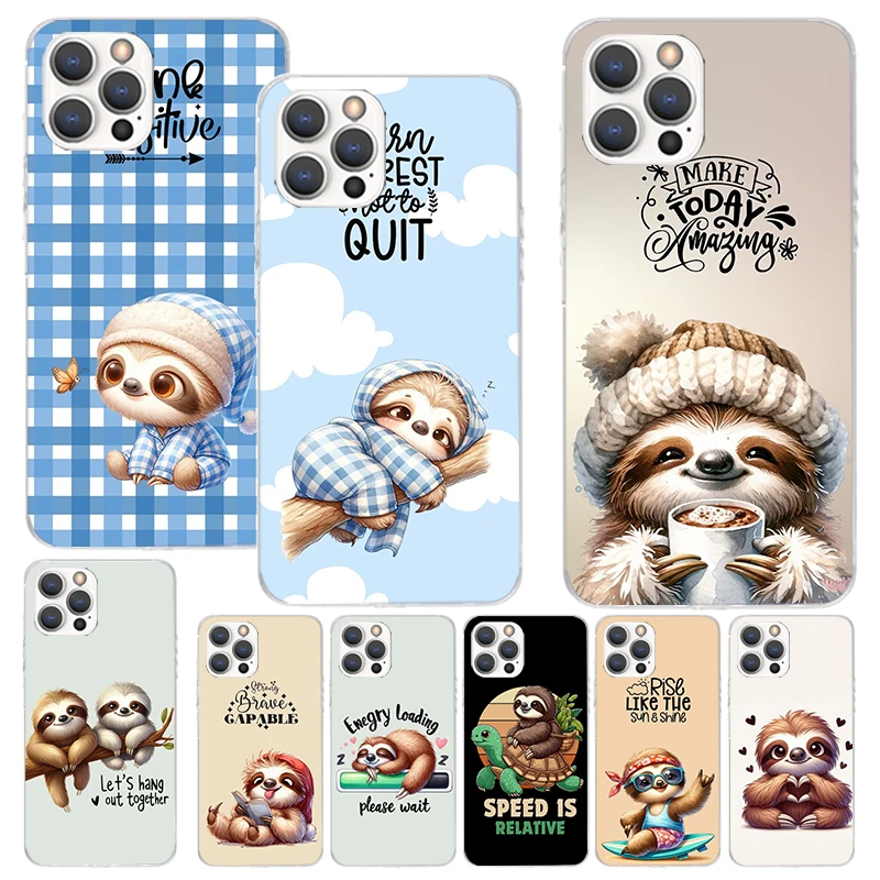 Animal Cute Cartoon Sloth Coffee Print Soft Case for iPhone 16 15 14 13 12 11 Pro Max Art Phone Shell XS XR X SE 7 Plus 8 Patter