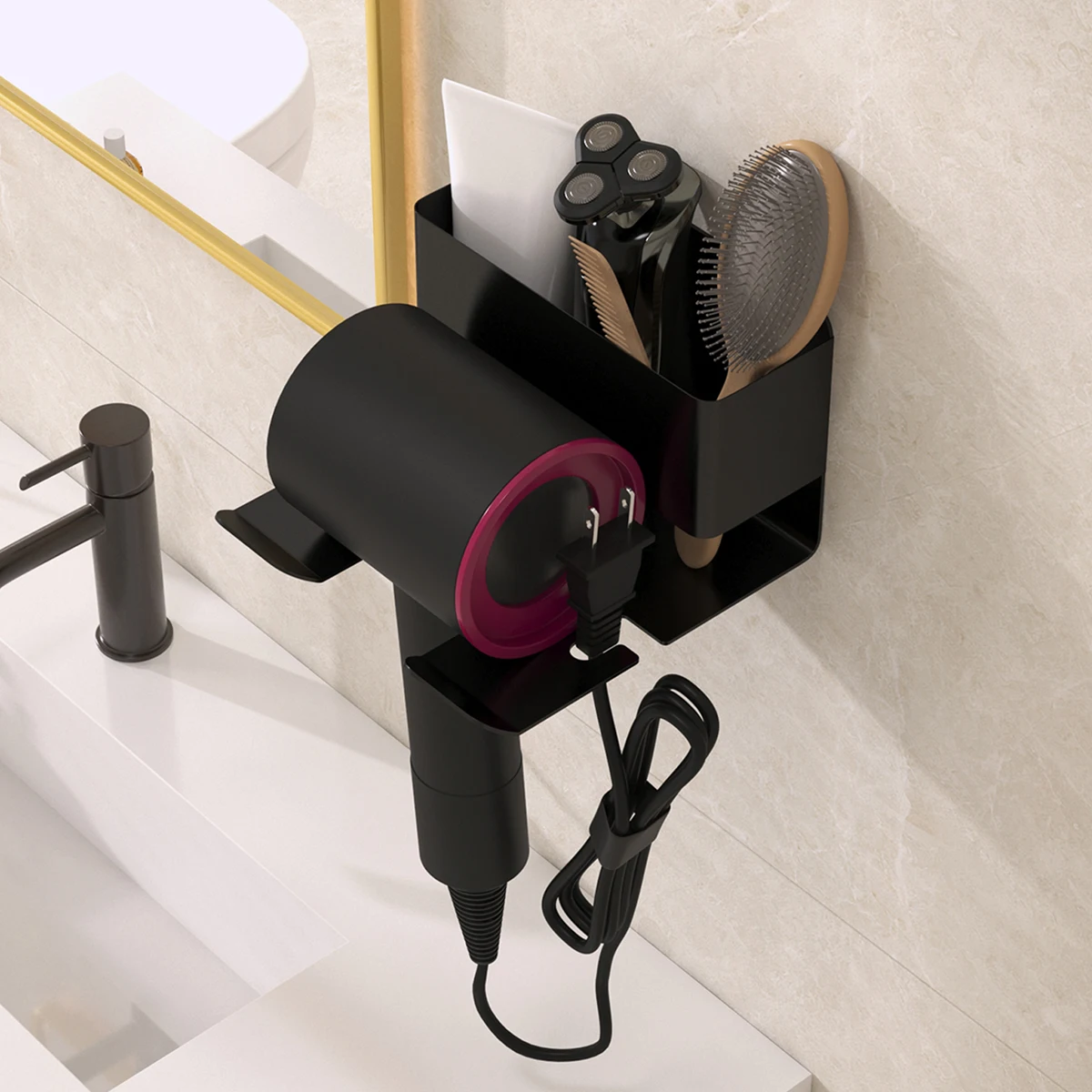 Wall mounted hair dryer rack, metal hair dryer storage rack with comb storage function, bathroom storage